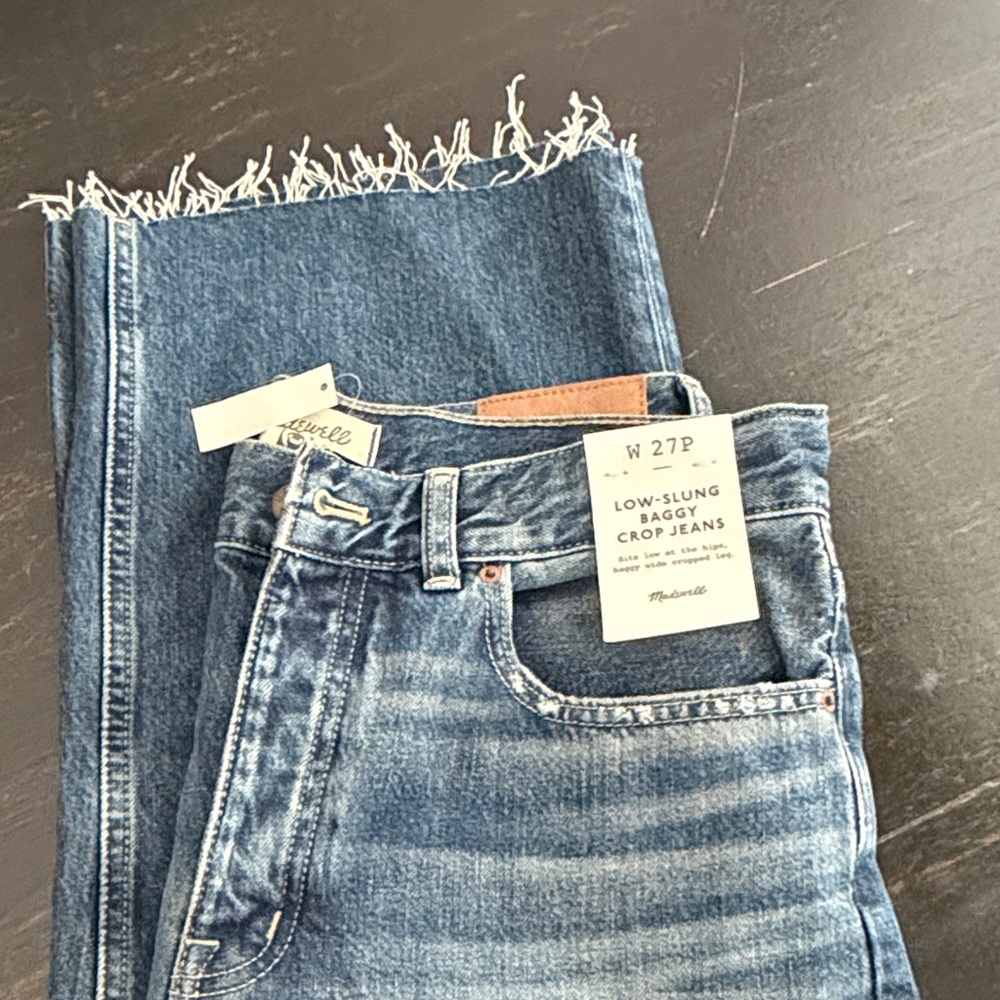 Madewell Faded Blue Baggy Crop Jeans with Frayed Hem